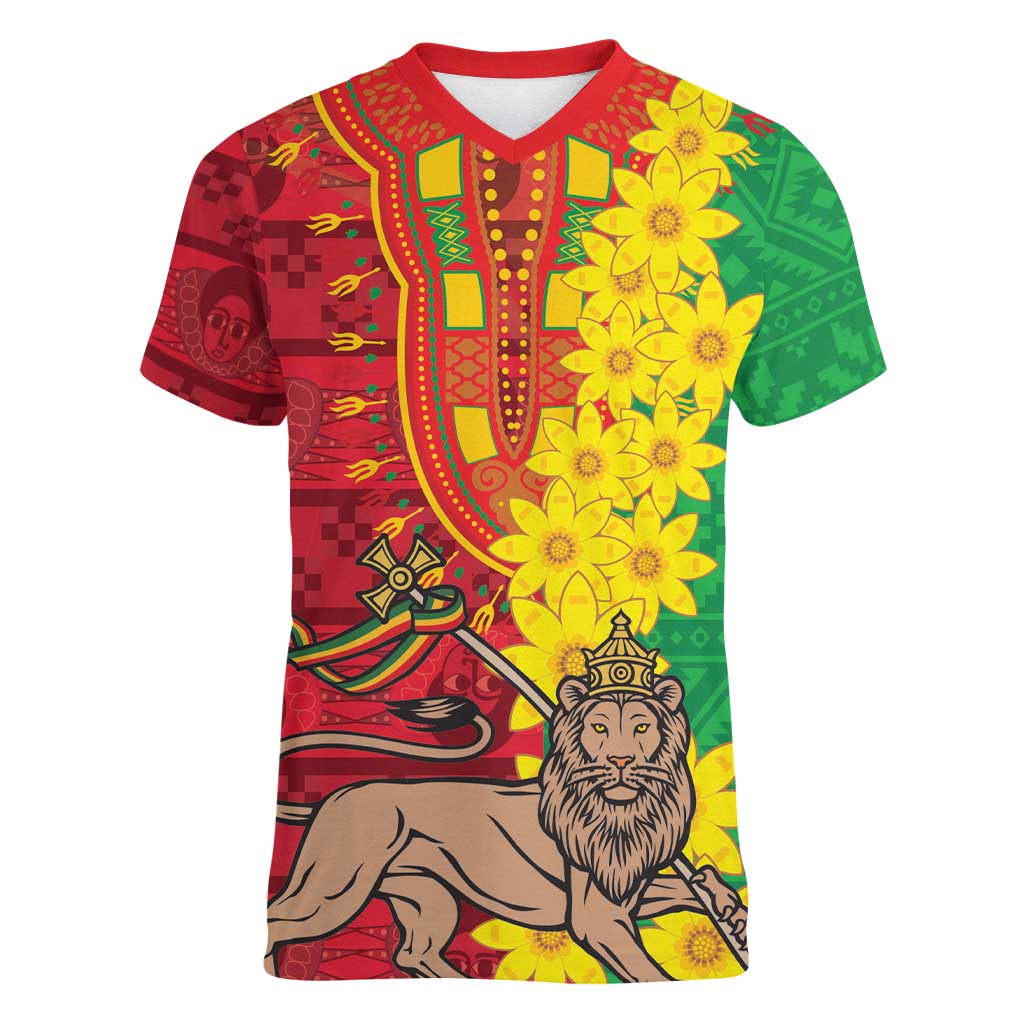 Ethiopia Enkutatash Melkam Addis Amet Women V-Neck T-Shirt With Bidens Macroptera - Wonder Print Shop