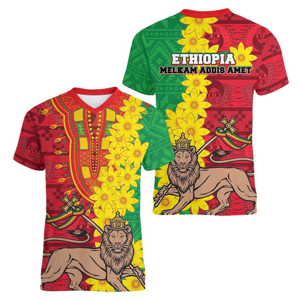 Ethiopia Enkutatash Melkam Addis Amet Women V-Neck T-Shirt With Bidens Macroptera - Wonder Print Shop