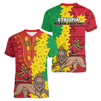 Ethiopia Enkutatash Melkam Addis Amet Women V-Neck T-Shirt With Bidens Macroptera - Wonder Print Shop