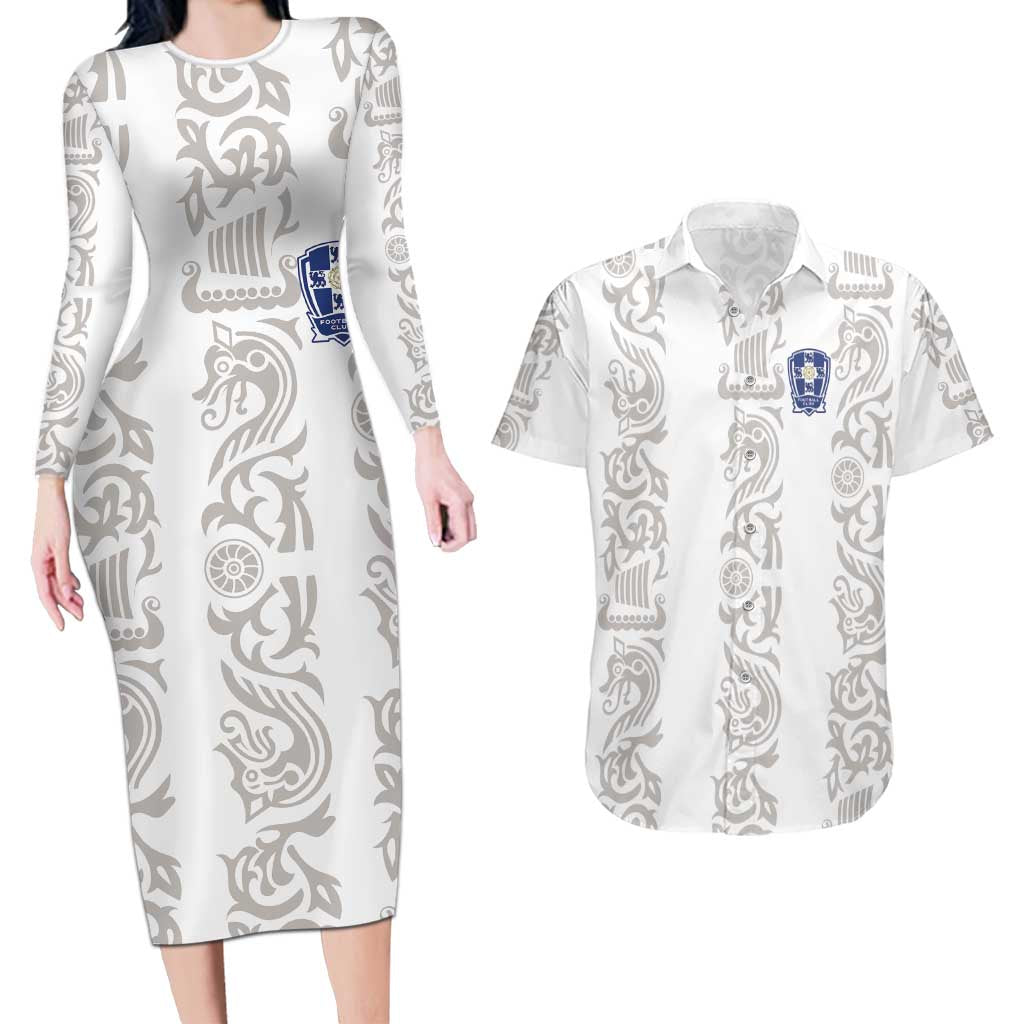 Custom York Minstrel Spirit Couples Matching Long Sleeve Bodycon Dress and Hawaiian Shirt Norse Viking Pattern White Version - Wonder Print Shop