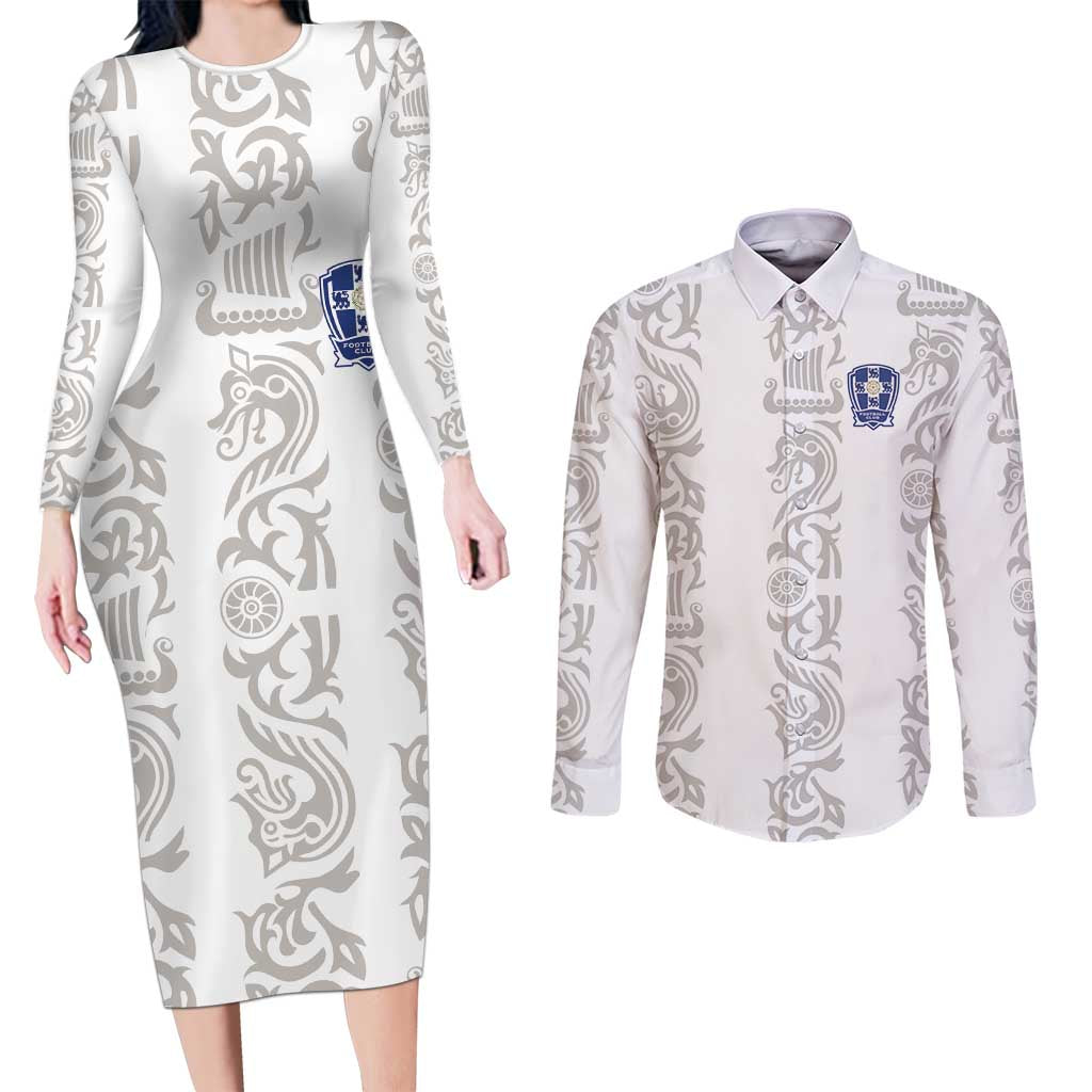 Custom York Minstrel Spirit Couples Matching Long Sleeve Bodycon Dress and Long Sleeve Button Shirt Norse Viking Pattern White Version - Wonder Print Shop