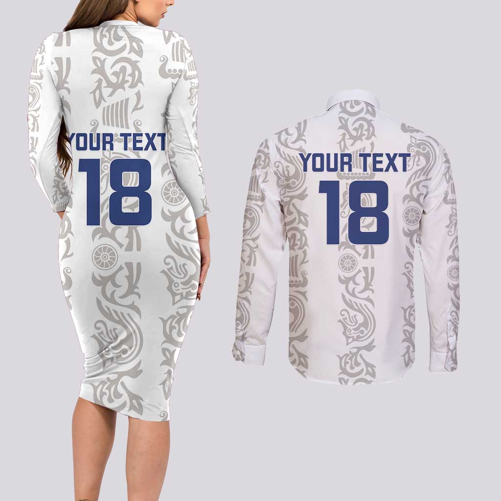 Custom York Minstrel Spirit Couples Matching Long Sleeve Bodycon Dress and Long Sleeve Button Shirt Norse Viking Pattern White Version - Wonder Print Shop