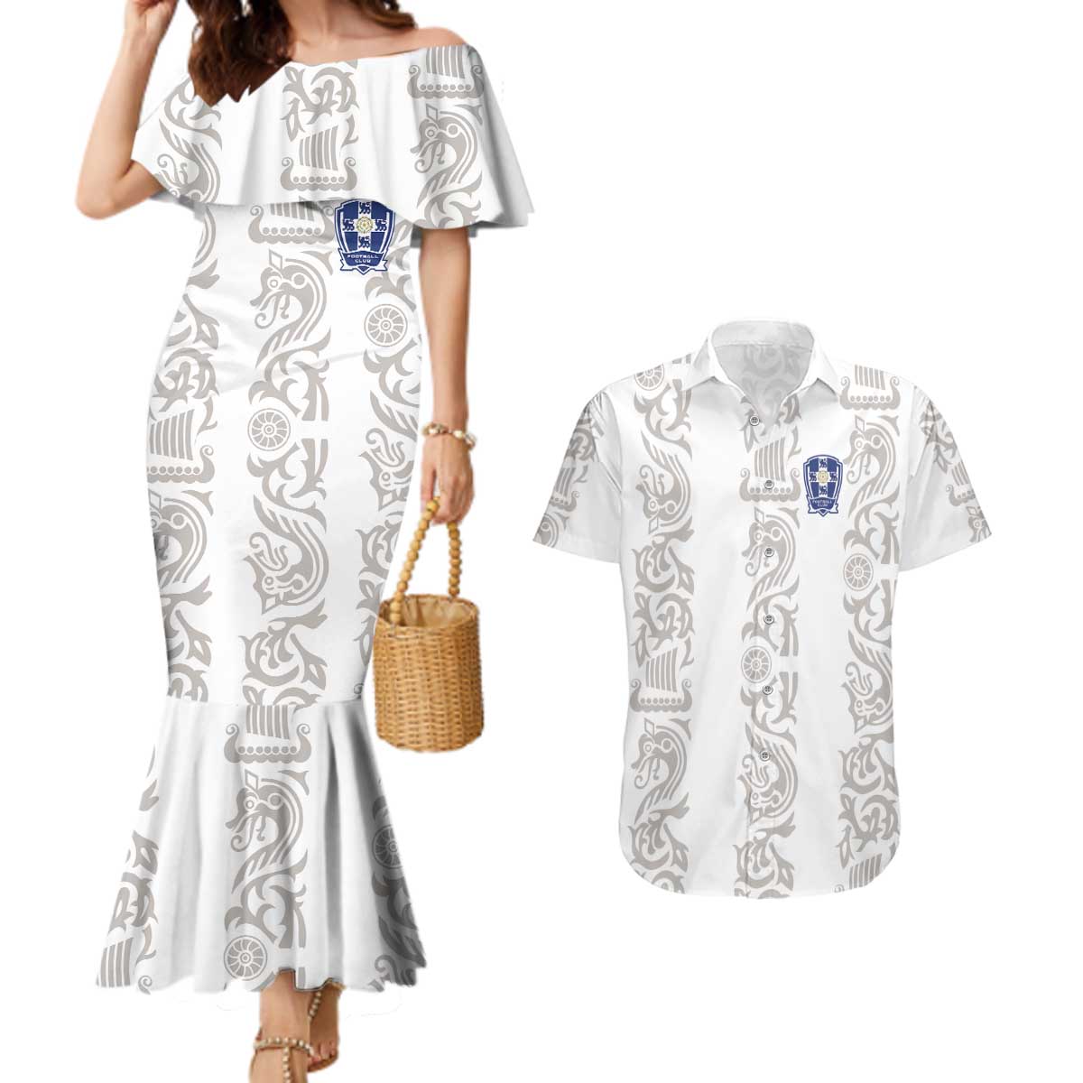 Custom York Minstrel Spirit Couples Matching Mermaid Dress and Hawaiian Shirt Norse Viking Pattern White Version - Wonder Print Shop