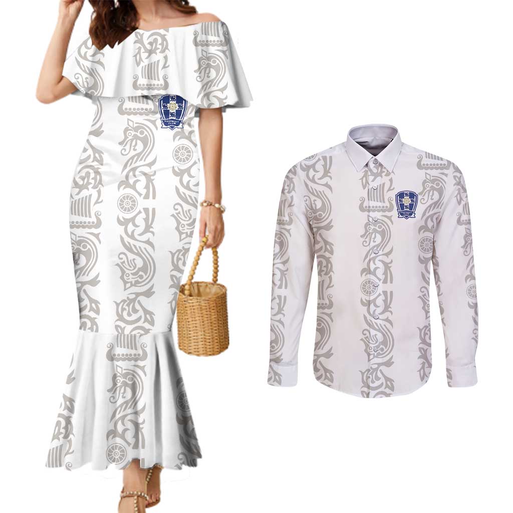 Custom York Minstrel Spirit Couples Matching Mermaid Dress and Long Sleeve Button Shirt Norse Viking Pattern White Version - Wonder Print Shop