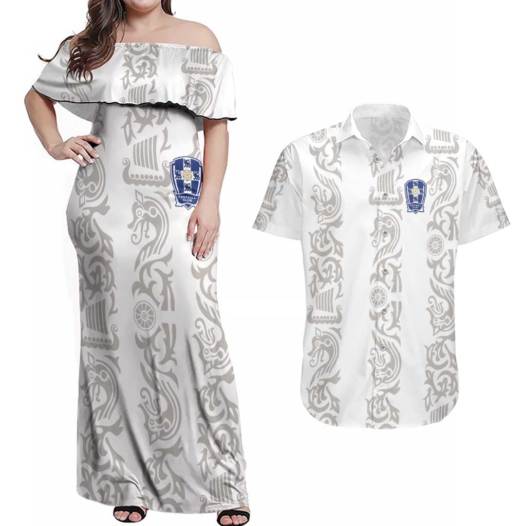 Custom York Minstrel Spirit Couples Matching Off Shoulder Maxi Dress and Hawaiian Shirt Norse Viking Pattern White Version - Wonder Print Shop