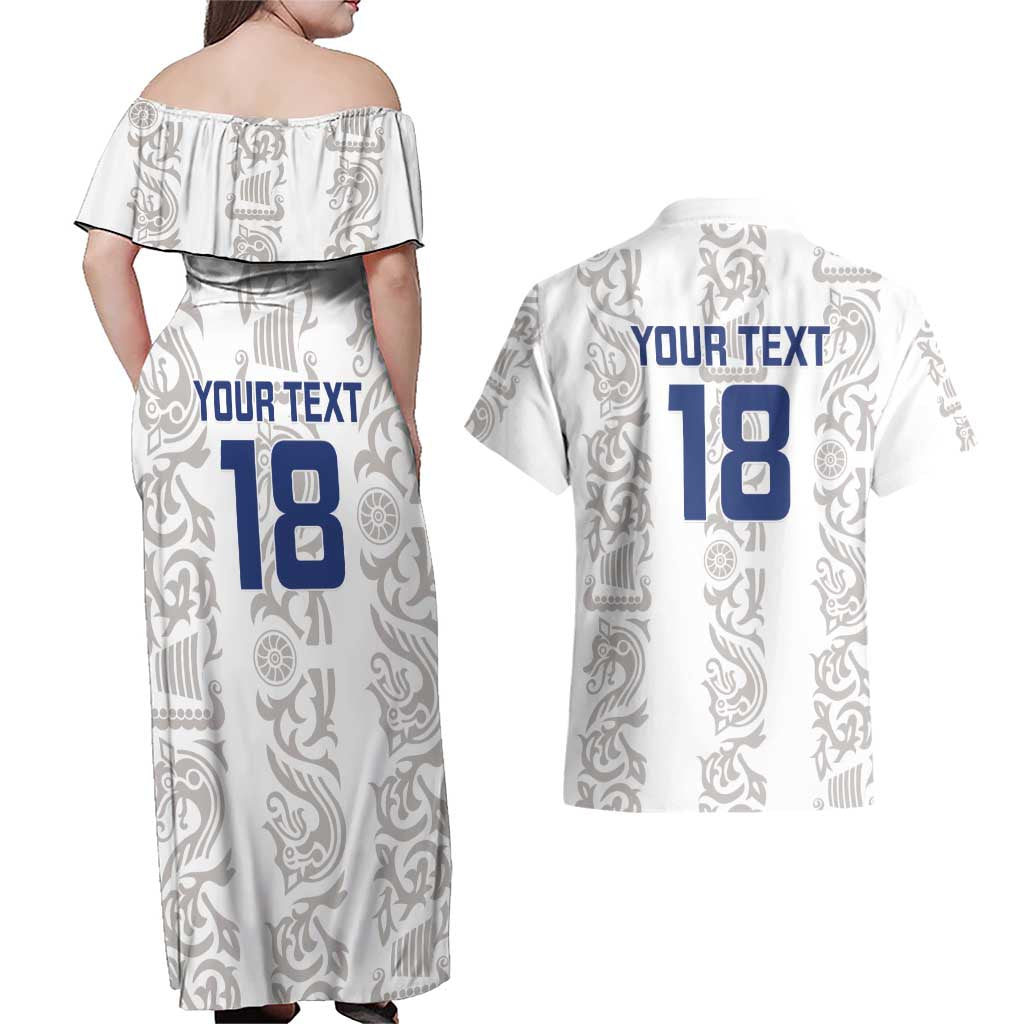 Custom York Minstrel Spirit Couples Matching Off Shoulder Maxi Dress and Hawaiian Shirt Norse Viking Pattern White Version - Wonder Print Shop
