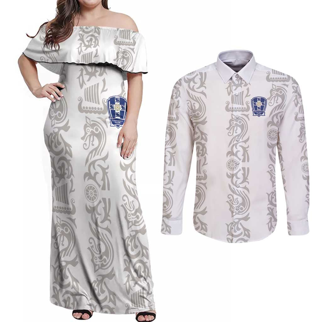 Custom York Minstrel Spirit Couples Matching Off Shoulder Maxi Dress and Long Sleeve Button Shirt Norse Viking Pattern White Version - Wonder Print Shop