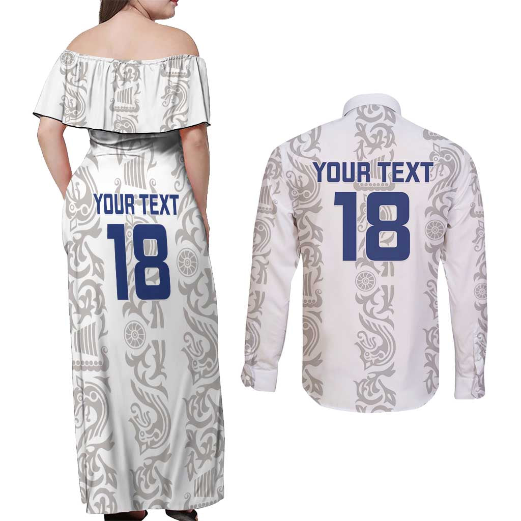 Custom York Minstrel Spirit Couples Matching Off Shoulder Maxi Dress and Long Sleeve Button Shirt Norse Viking Pattern White Version - Wonder Print Shop