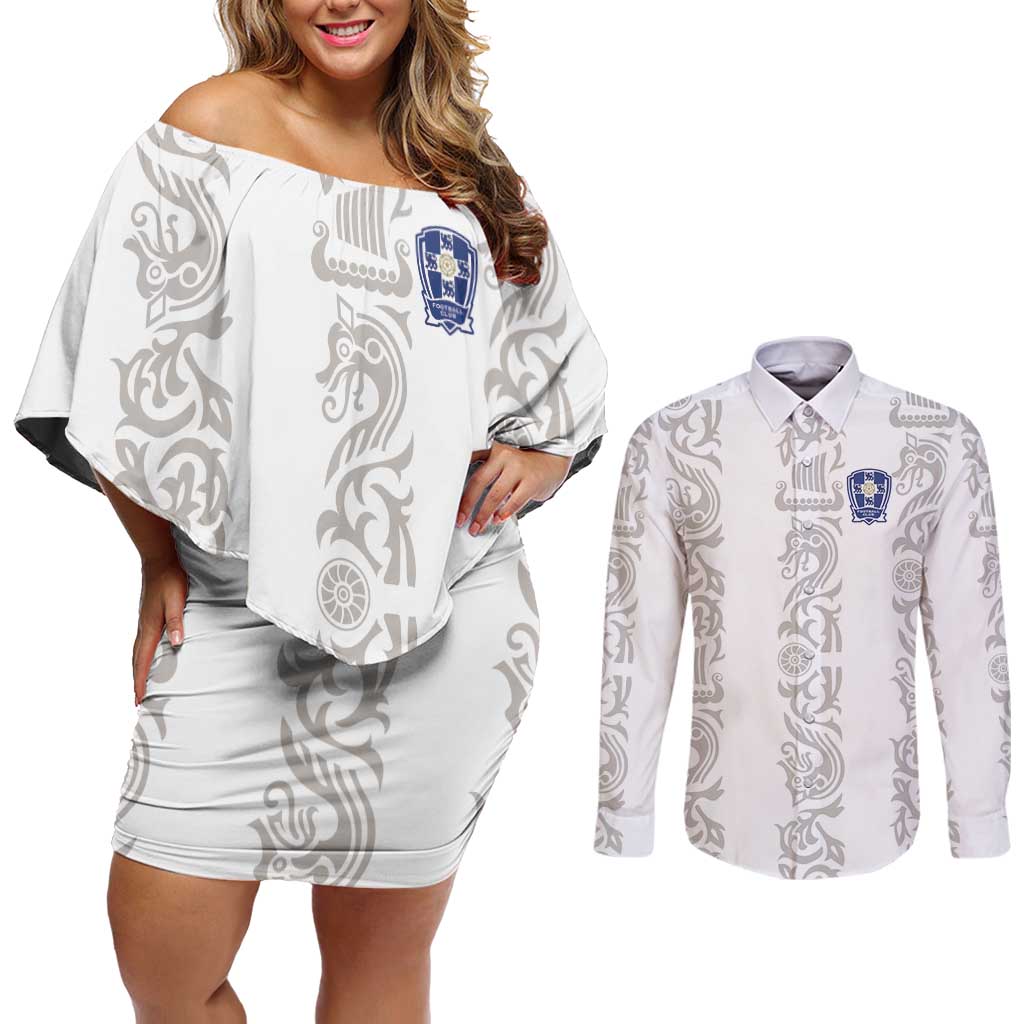 Custom York Minstrel Spirit Couples Matching Off Shoulder Short Dress and Long Sleeve Button Shirt Norse Viking Pattern White Version - Wonder Print Shop