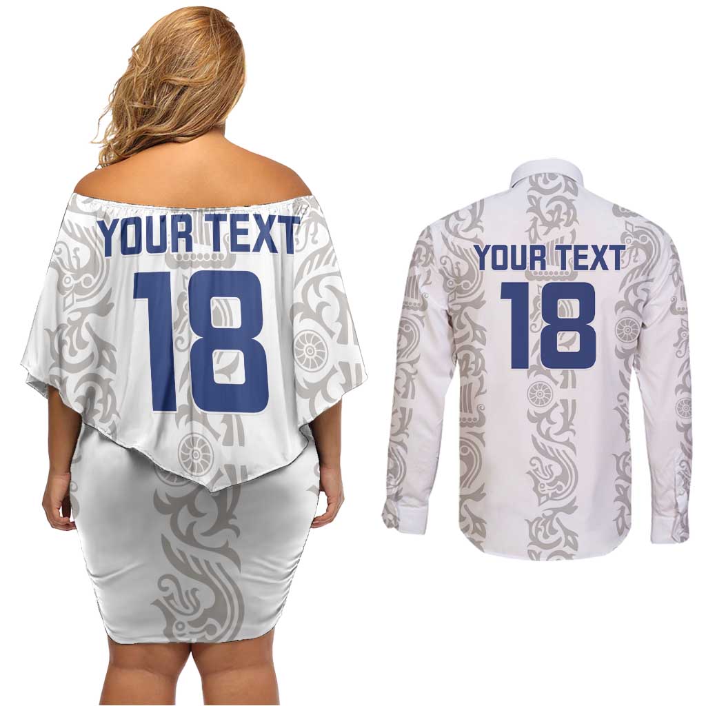Custom York Minstrel Spirit Couples Matching Off Shoulder Short Dress and Long Sleeve Button Shirt Norse Viking Pattern White Version - Wonder Print Shop