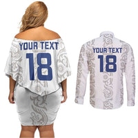 Custom York Minstrel Spirit Couples Matching Off Shoulder Short Dress and Long Sleeve Button Shirt Norse Viking Pattern White Version - Wonder Print Shop