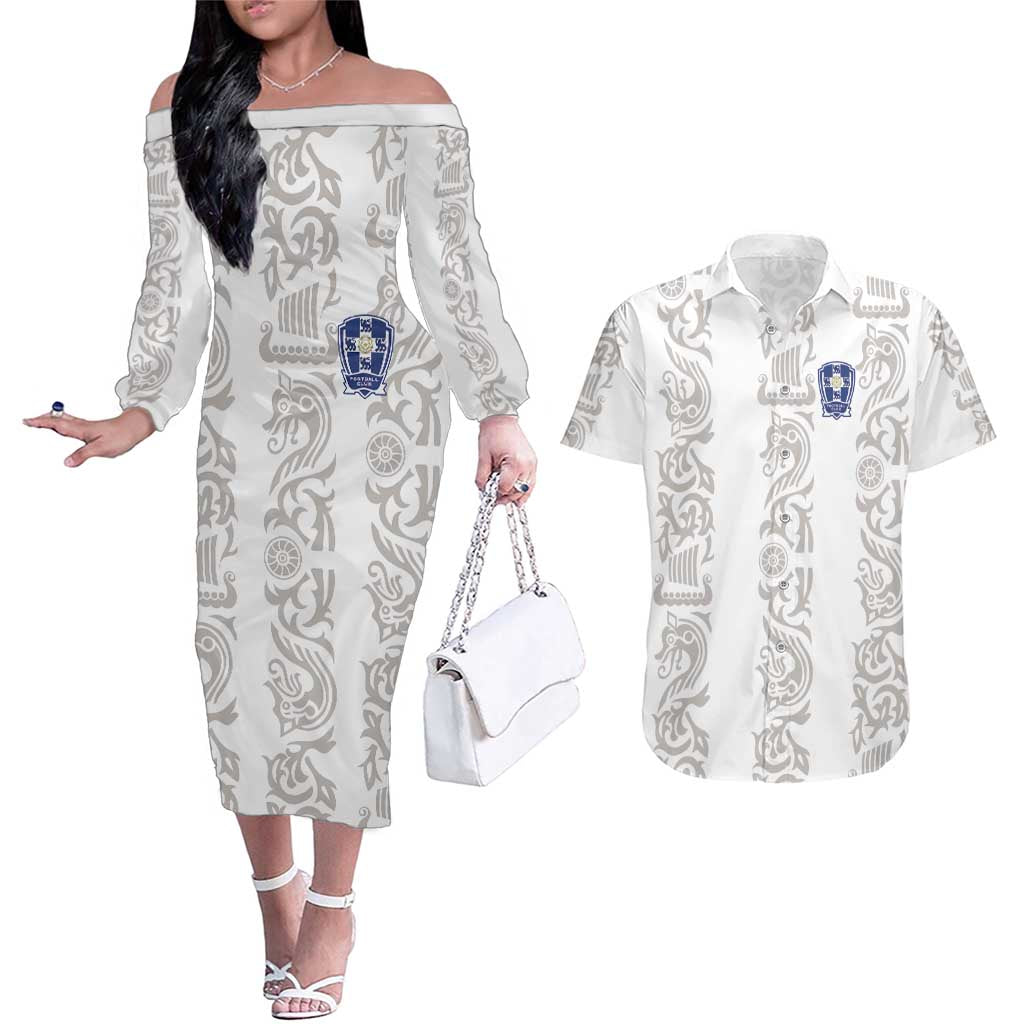 Custom York Minstrel Spirit Couples Matching Off The Shoulder Long Sleeve Dress and Hawaiian Shirt Norse Viking Pattern White Version - Wonder Print Shop