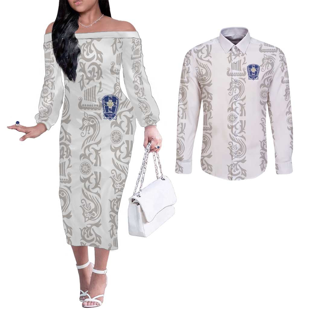 Custom York Minstrel Spirit Couples Matching Off The Shoulder Long Sleeve Dress and Long Sleeve Button Shirt Norse Viking Pattern White Version - Wonder Print Shop