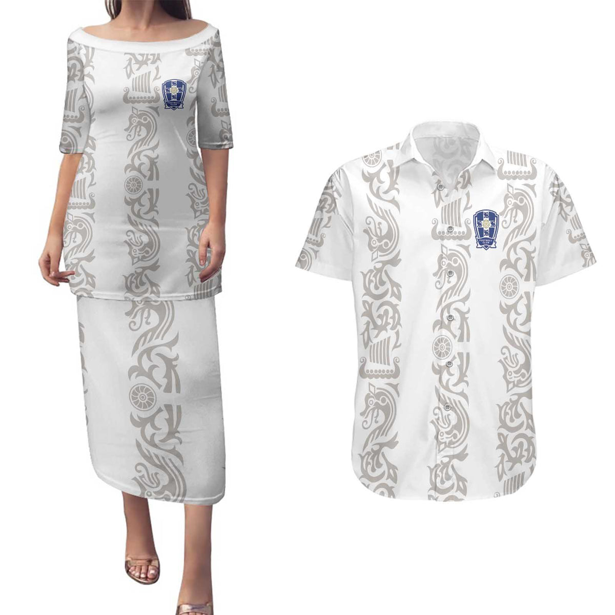 Custom York Minstrel Spirit Couples Matching Puletasi and Hawaiian Shirt Norse Viking Pattern White Version - Wonder Print Shop