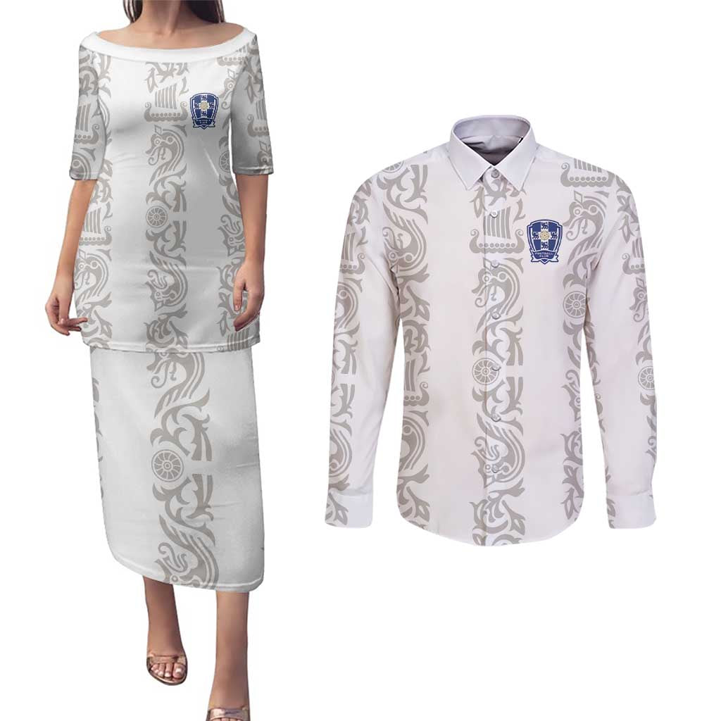 Custom York Minstrel Spirit Couples Matching Puletasi and Long Sleeve Button Shirt Norse Viking Pattern White Version - Wonder Print Shop
