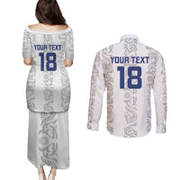 Custom York Minstrel Spirit Couples Matching Puletasi and Long Sleeve Button Shirt Norse Viking Pattern White Version - Wonder Print Shop