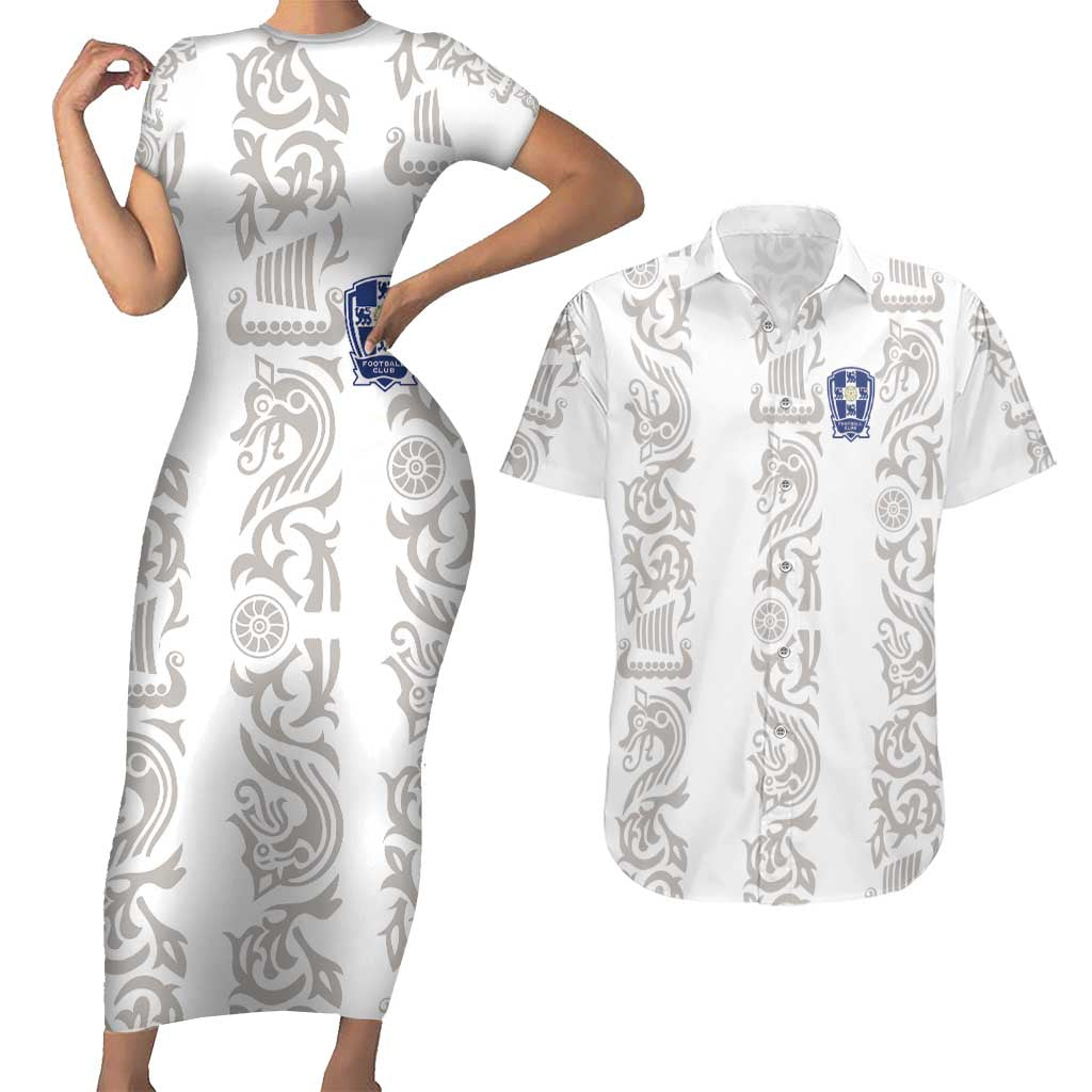 Custom York Minstrel Spirit Couples Matching Short Sleeve Bodycon Dress and Hawaiian Shirt Norse Viking Pattern White Version - Wonder Print Shop