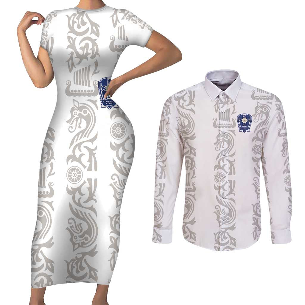 Custom York Minstrel Spirit Couples Matching Short Sleeve Bodycon Dress and Long Sleeve Button Shirt Norse Viking Pattern White Version - Wonder Print Shop