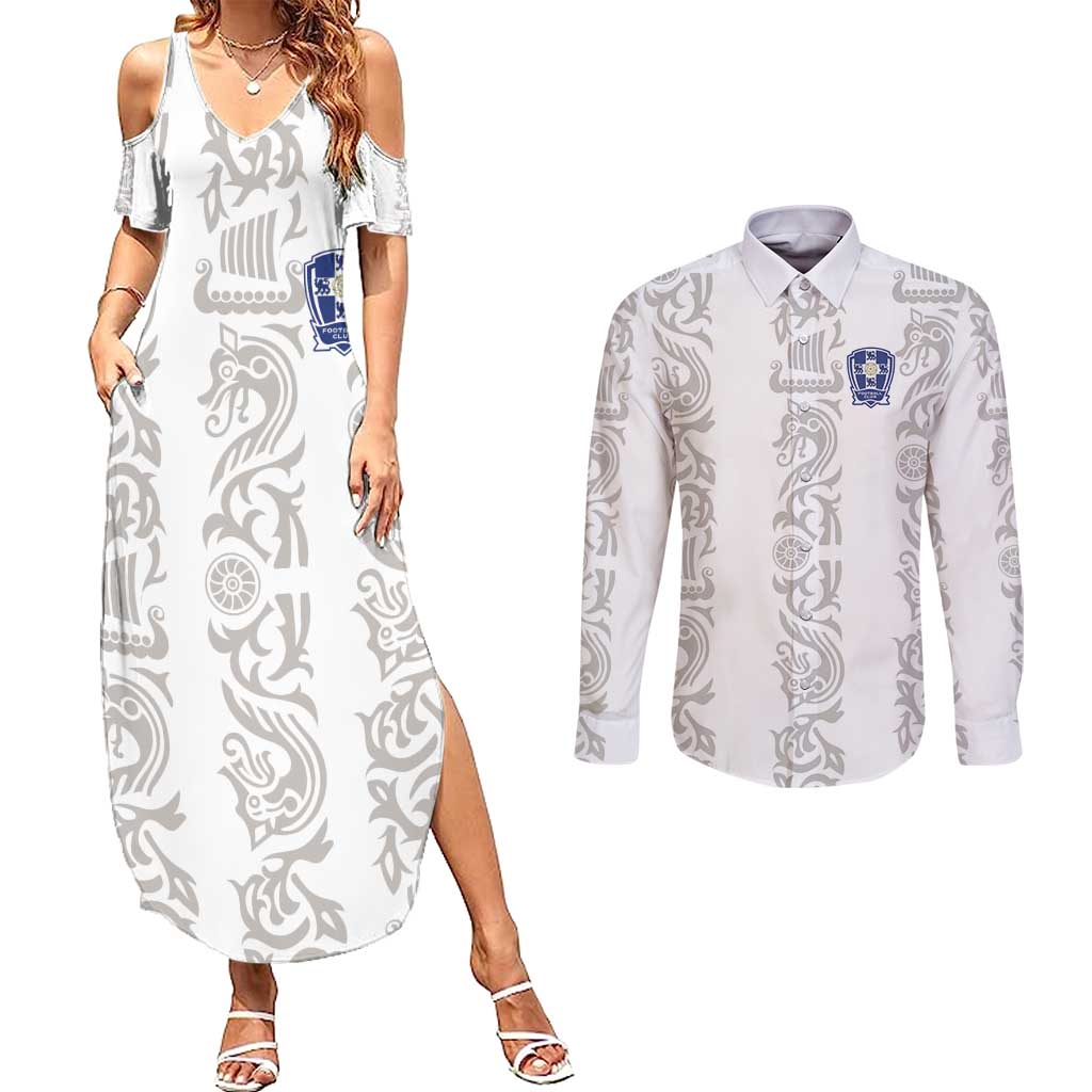Custom York Minstrel Spirit Couples Matching Summer Maxi Dress and Long Sleeve Button Shirt Norse Viking Pattern White Version - Wonder Print Shop