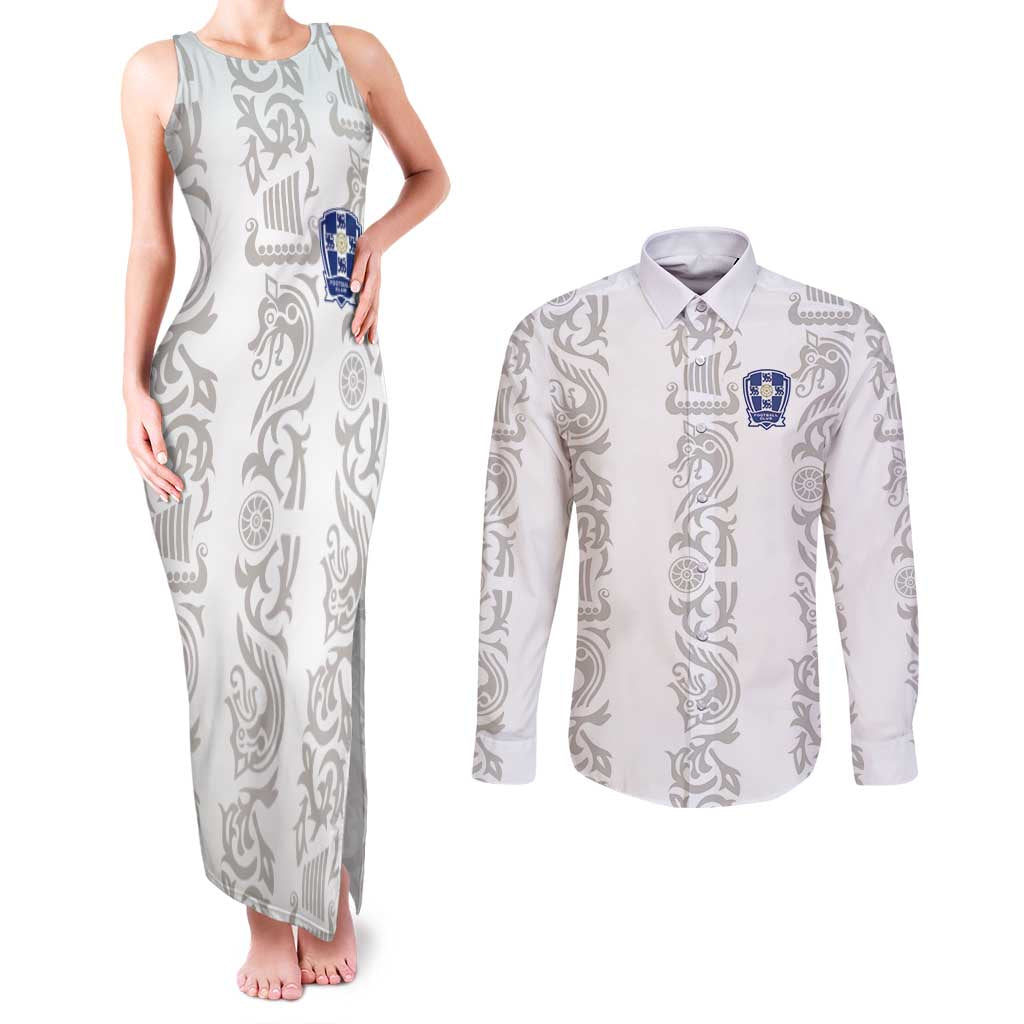 Custom York Minstrel Spirit Couples Matching Tank Maxi Dress and Long Sleeve Button Shirt Norse Viking Pattern White Version - Wonder Print Shop