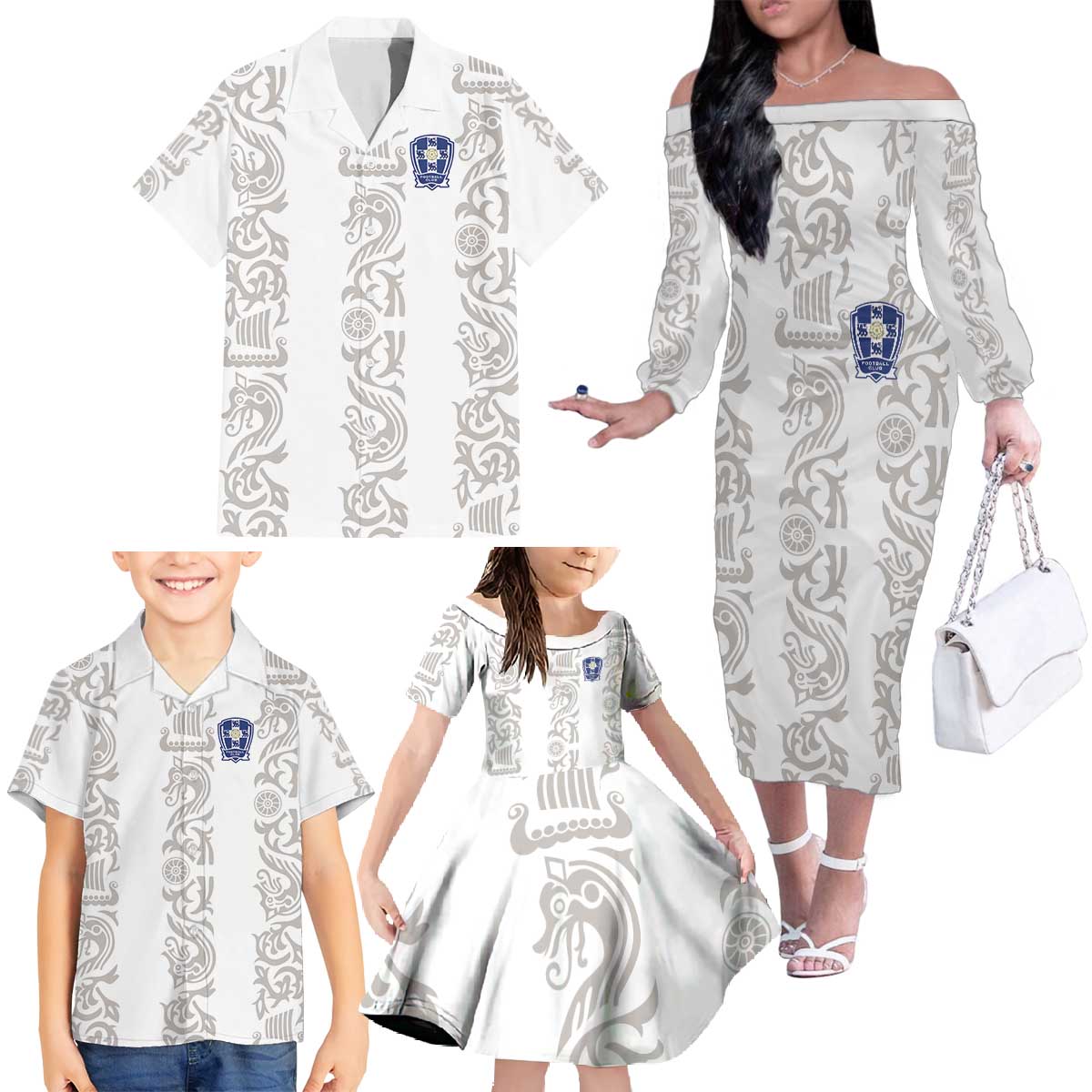 Custom York Minstrel Spirit Family Matching Off The Shoulder Long Sleeve Dress and Hawaiian Shirt Norse Viking Pattern White Version - Wonder Print Shop