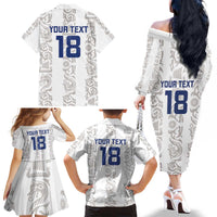 Custom York Minstrel Spirit Family Matching Off The Shoulder Long Sleeve Dress and Hawaiian Shirt Norse Viking Pattern White Version - Wonder Print Shop