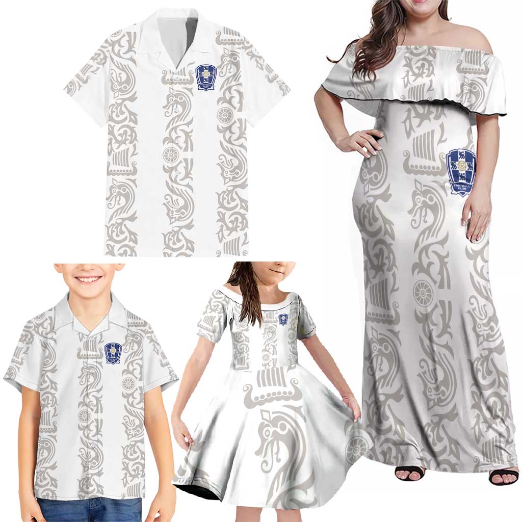 Custom York Minstrel Spirit Family Matching Off Shoulder Maxi Dress and Hawaiian Shirt Norse Viking Pattern White Version - Wonder Print Shop