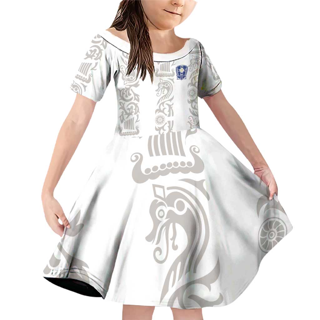 Custom York Minstrel Spirit Family Matching Off Shoulder Short Dress and Hawaiian Shirt Norse Viking Pattern White Version - Wonder Print Shop