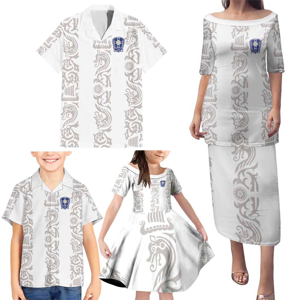 Custom York Minstrel Spirit Family Matching Puletasi and Hawaiian Shirt Norse Viking Pattern White Version - Wonder Print Shop