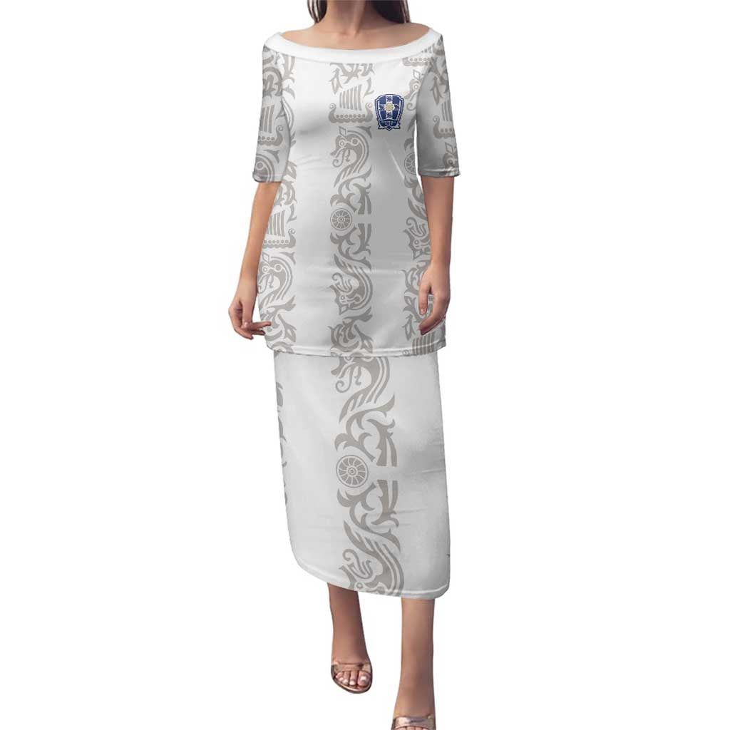 Custom York Minstrel Spirit Family Matching Puletasi and Hawaiian Shirt Norse Viking Pattern White Version - Wonder Print Shop