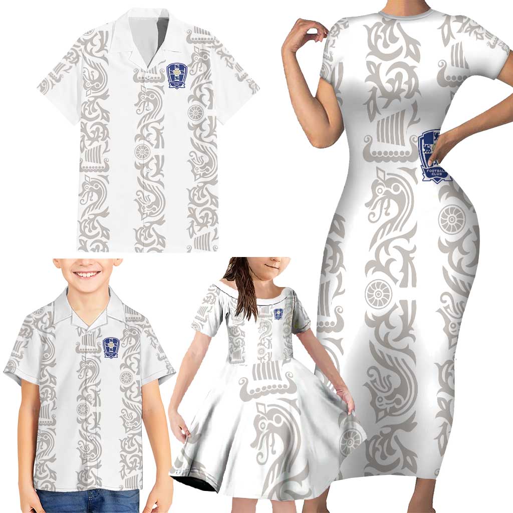 Custom York Minstrel Spirit Family Matching Short Sleeve Bodycon Dress and Hawaiian Shirt Norse Viking Pattern White Version - Wonder Print Shop