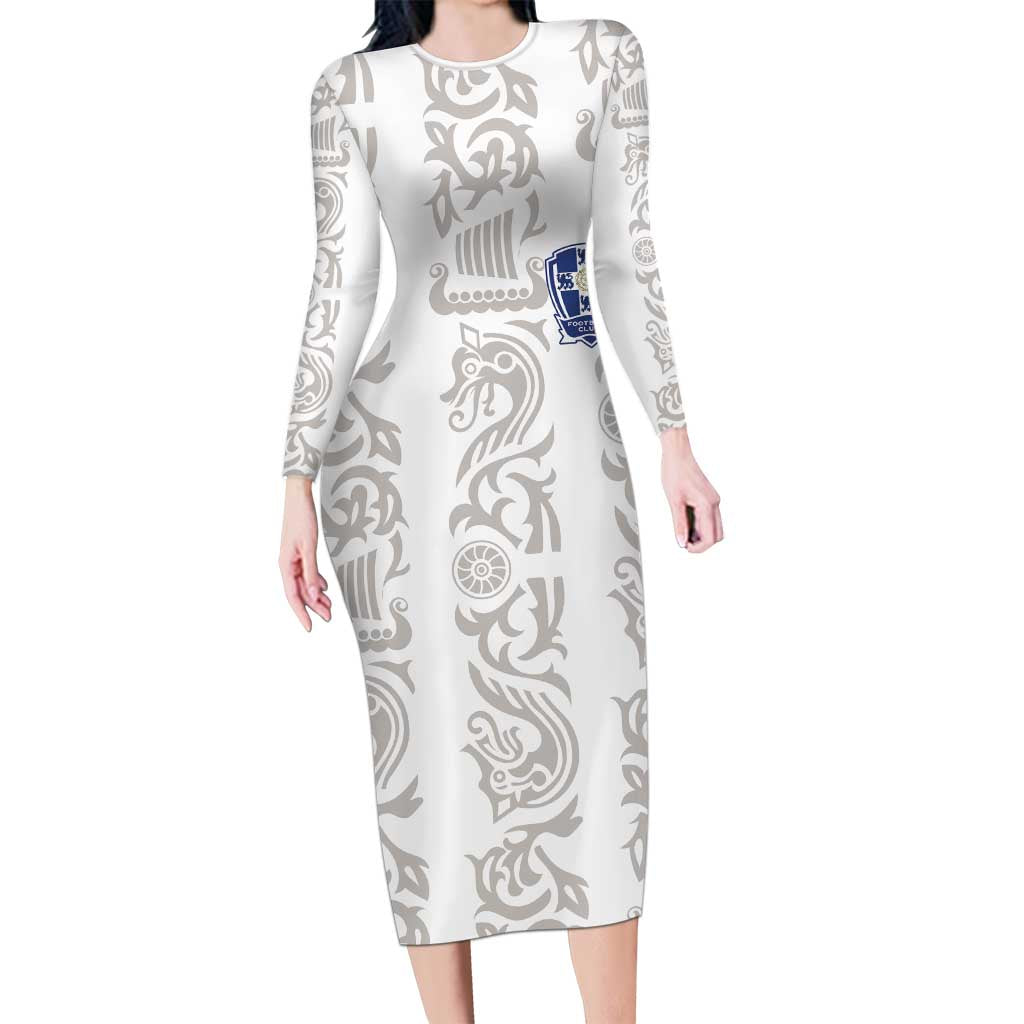 Custom York Minstrel Spirit Long Sleeve Bodycon Dress Norse Viking Pattern White Version - Wonder Print Shop