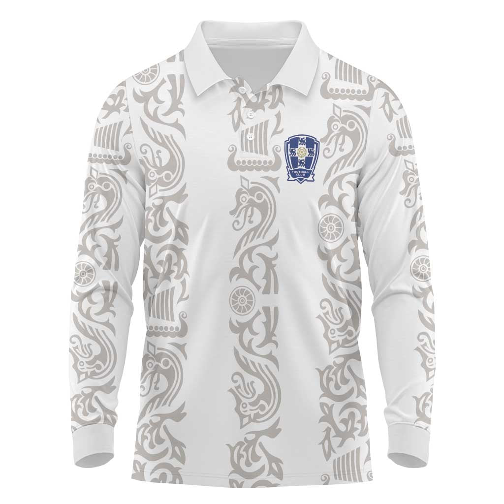 Custom York Minstrel Spirit Long Sleeve Polo Shirt Norse Viking Pattern White Version - Wonder Print Shop