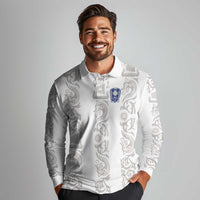 Custom York Minstrel Spirit Long Sleeve Polo Shirt Norse Viking Pattern White Version - Wonder Print Shop
