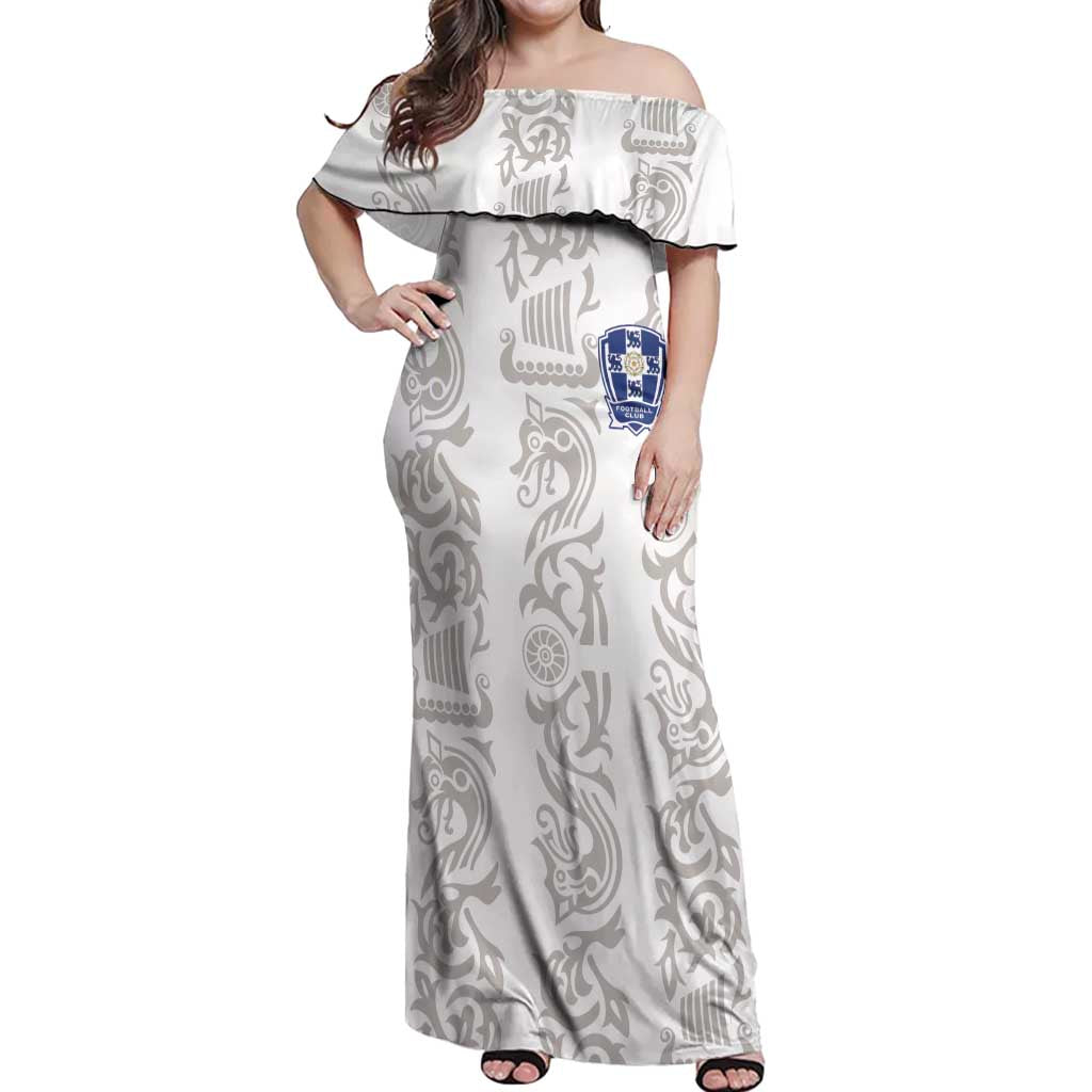 Custom York Minstrel Spirit Off Shoulder Maxi Dress Norse Viking Pattern White Version - Wonder Print Shop