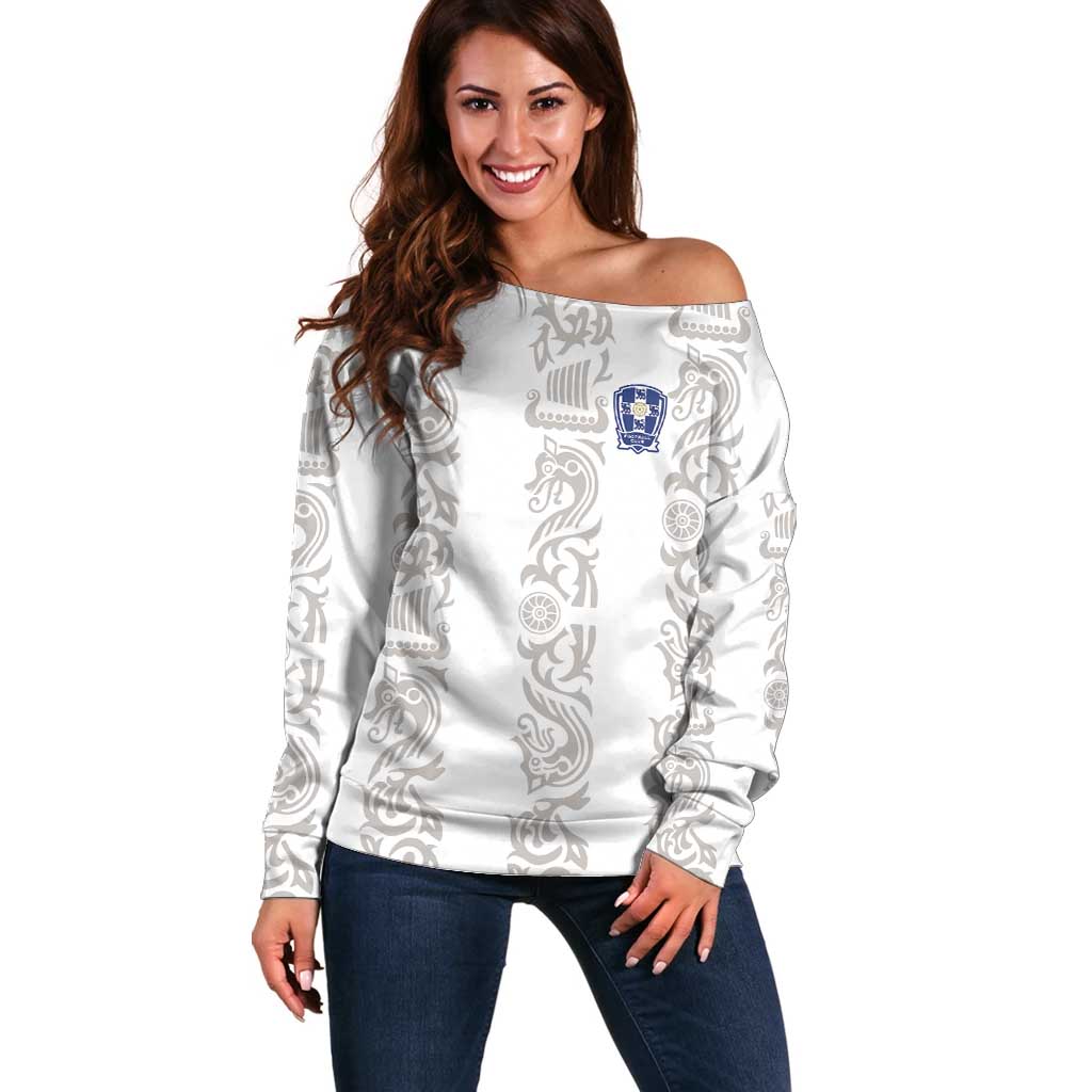 Custom York Minstrel Spirit Off Shoulder Sweater Norse Viking Pattern White Version - Wonder Print Shop