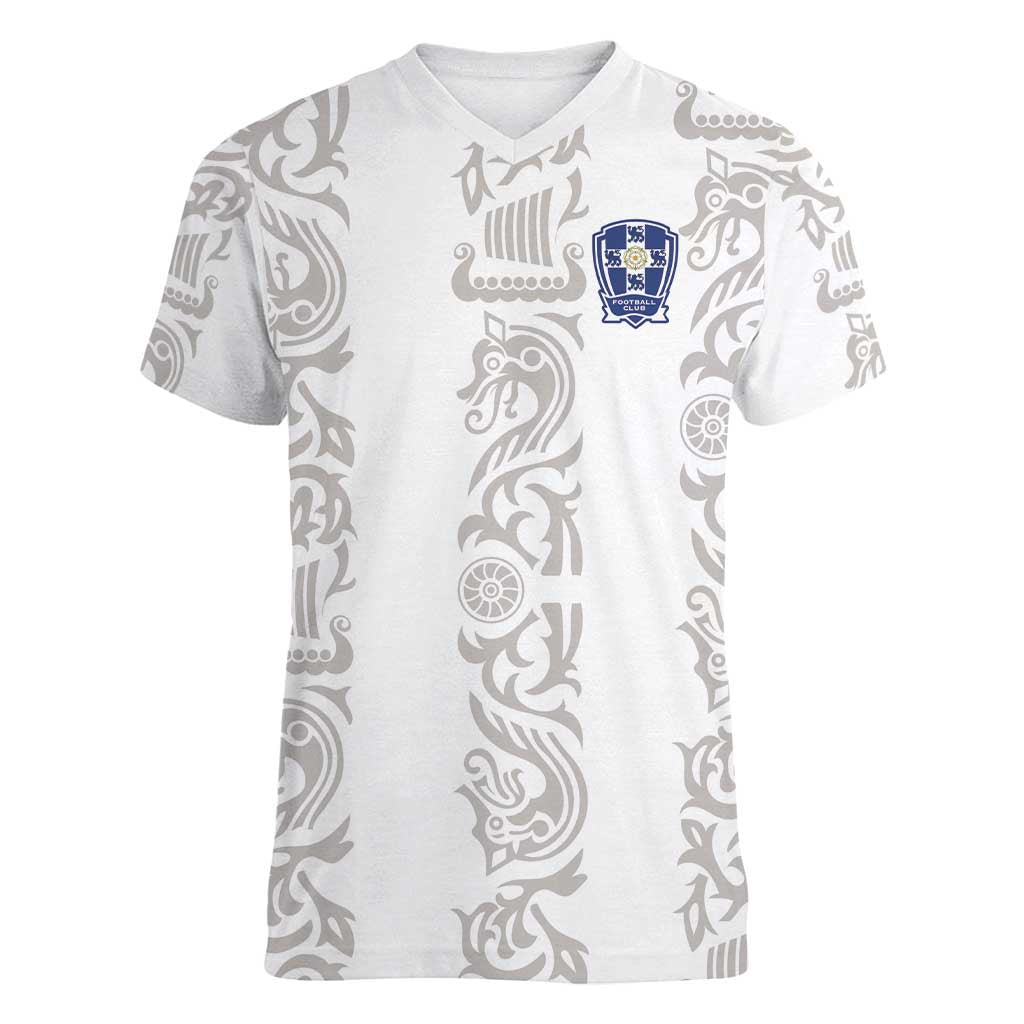 Custom York Minstrel Spirit Women V-Neck T-Shirt Norse Viking Pattern White Version - Wonder Print Shop