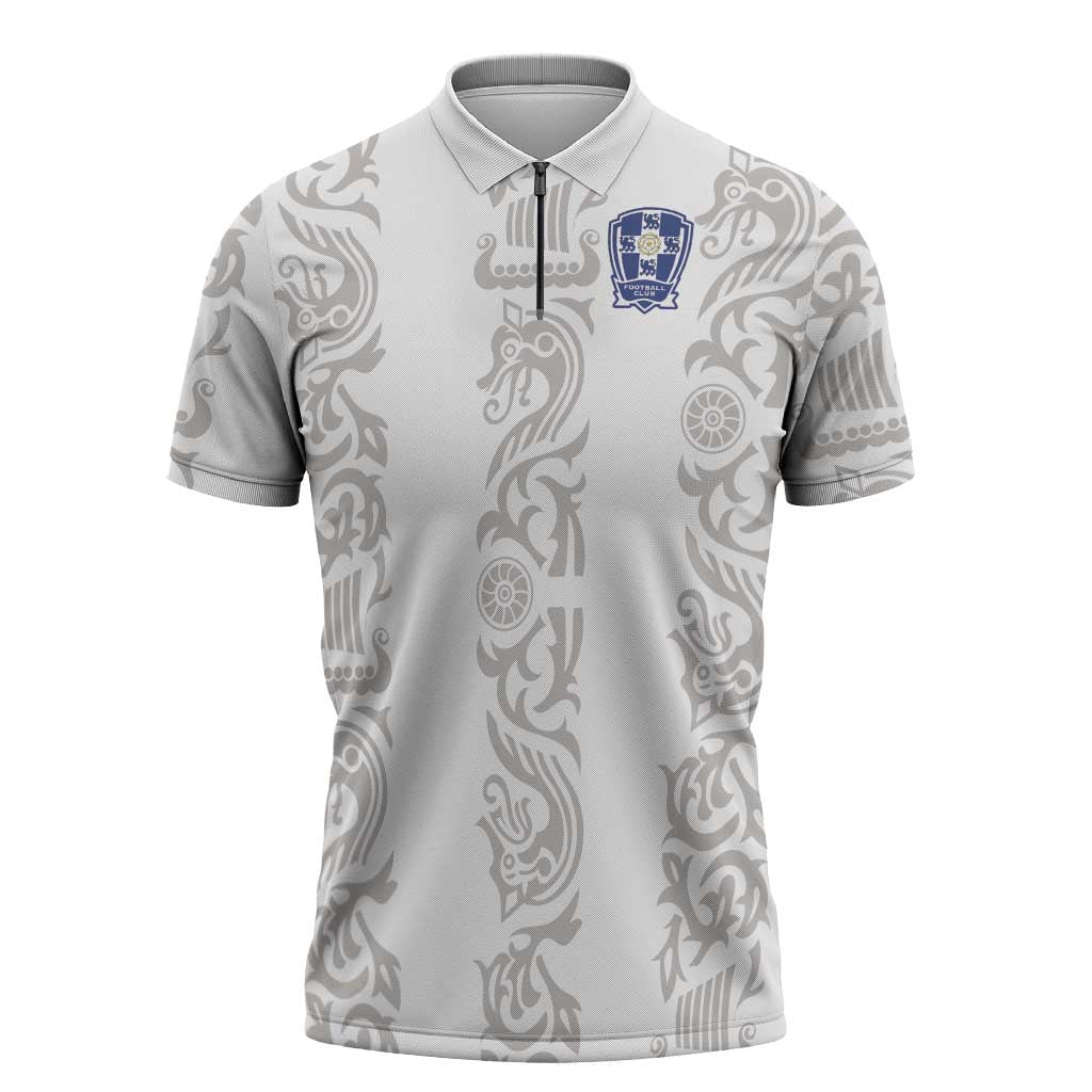 Custom York Minstrel Spirit Zipper Polo Shirt Norse Viking Pattern White Version - Wonder Print Shop