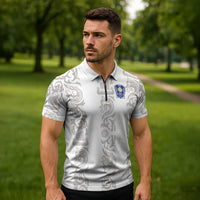 Custom York Minstrel Spirit Zipper Polo Shirt Norse Viking Pattern White Version - Wonder Print Shop
