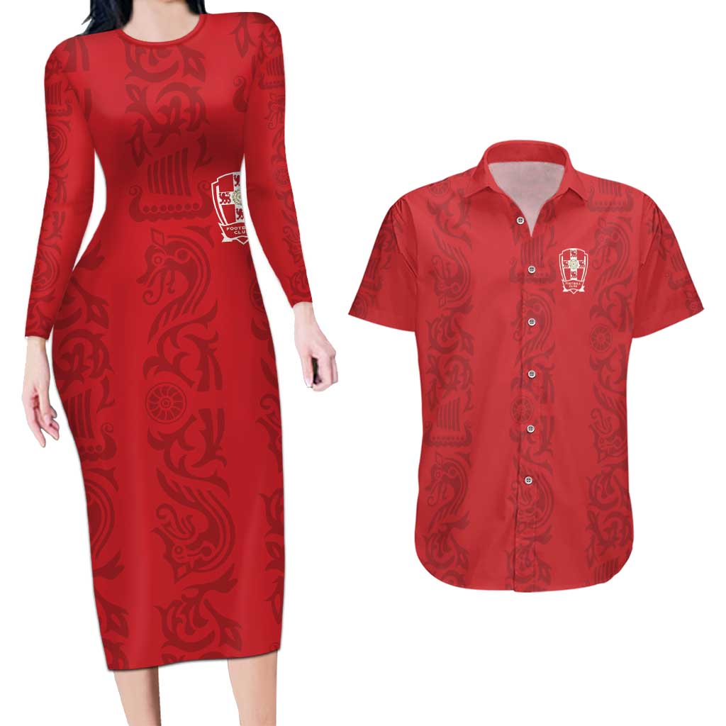 Custom York Minstrel Spirit Couples Matching Long Sleeve Bodycon Dress and Hawaiian Shirt Norse Viking Pattern Red Version - Wonder Print Shop