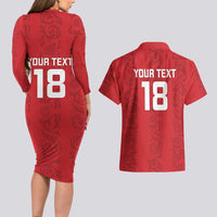 Custom York Minstrel Spirit Couples Matching Long Sleeve Bodycon Dress and Hawaiian Shirt Norse Viking Pattern Red Version - Wonder Print Shop