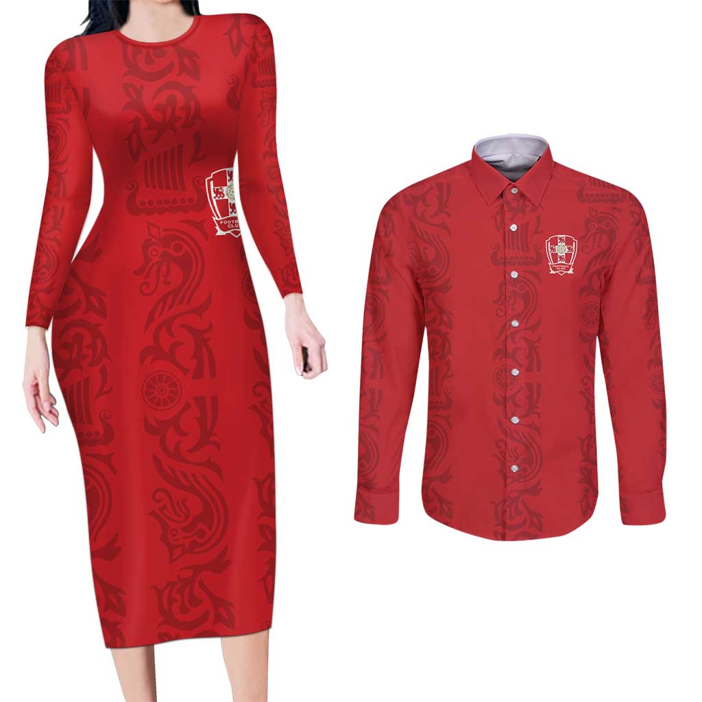 Custom York Minstrel Spirit Couples Matching Long Sleeve Bodycon Dress and Long Sleeve Button Shirt Norse Viking Pattern Red Version - Wonder Print Shop
