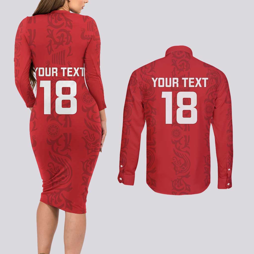 Custom York Minstrel Spirit Couples Matching Long Sleeve Bodycon Dress and Long Sleeve Button Shirt Norse Viking Pattern Red Version - Wonder Print Shop