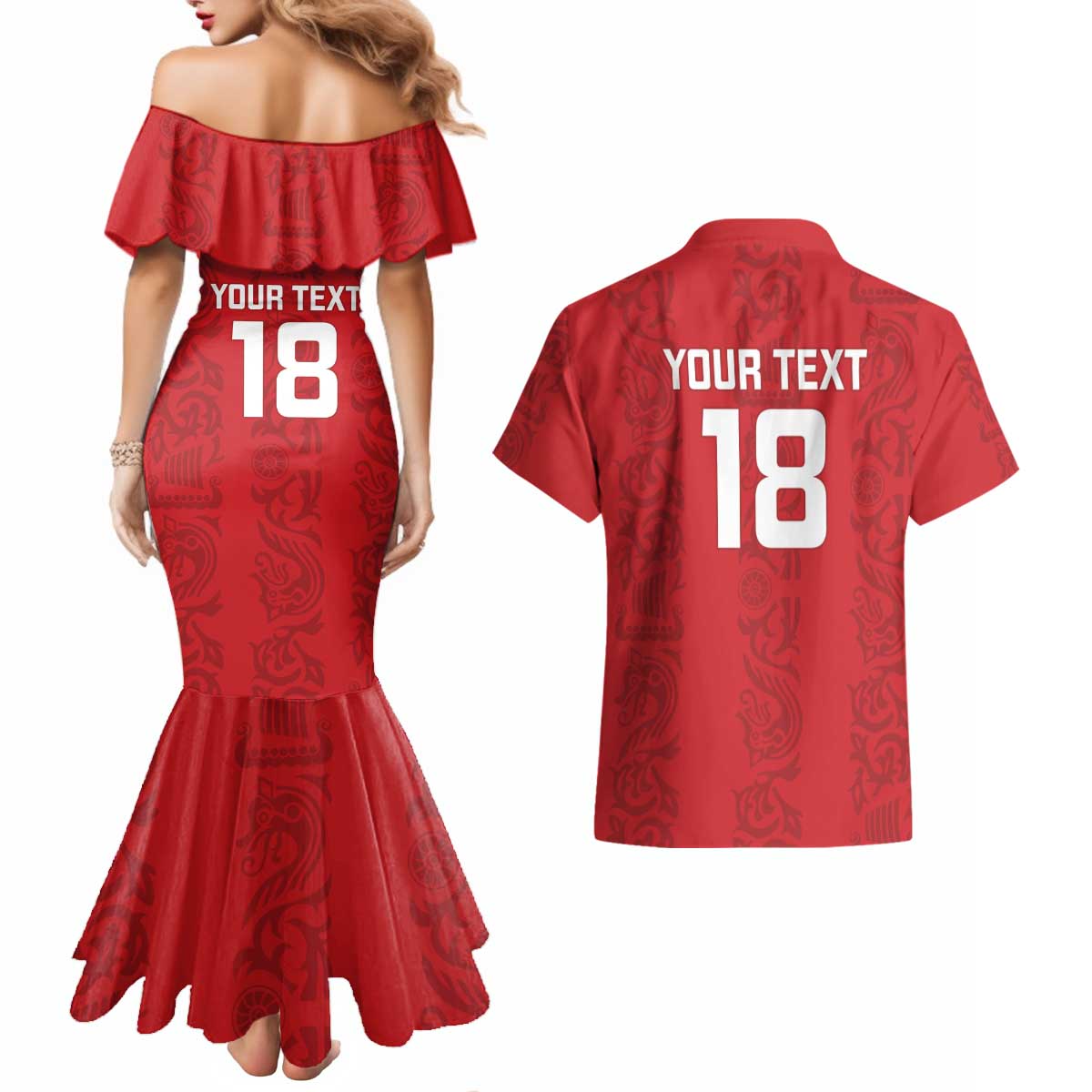 Custom York Minstrel Spirit Couples Matching Mermaid Dress and Hawaiian Shirt Norse Viking Pattern Red Version - Wonder Print Shop