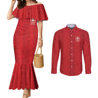 Custom York Minstrel Spirit Couples Matching Mermaid Dress and Long Sleeve Button Shirt Norse Viking Pattern Red Version - Wonder Print Shop