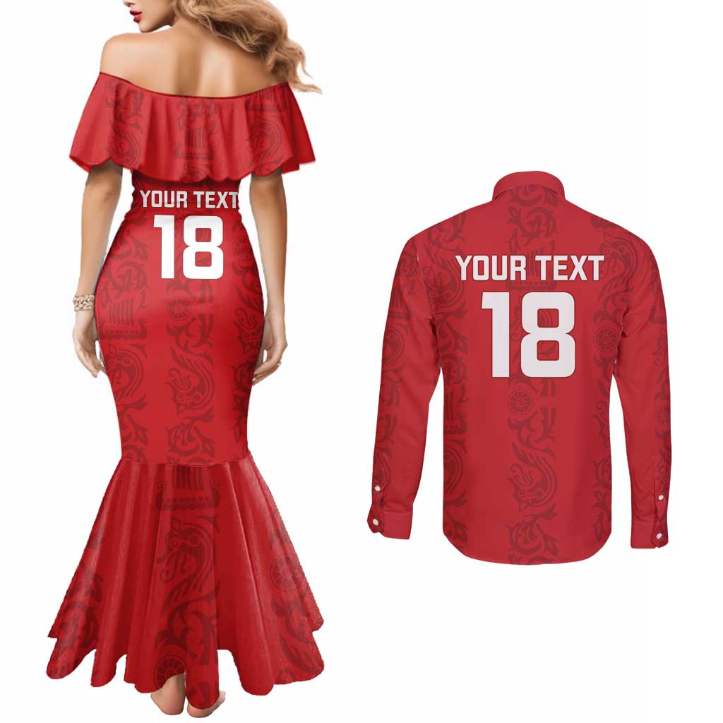 Custom York Minstrel Spirit Couples Matching Mermaid Dress and Long Sleeve Button Shirt Norse Viking Pattern Red Version - Wonder Print Shop