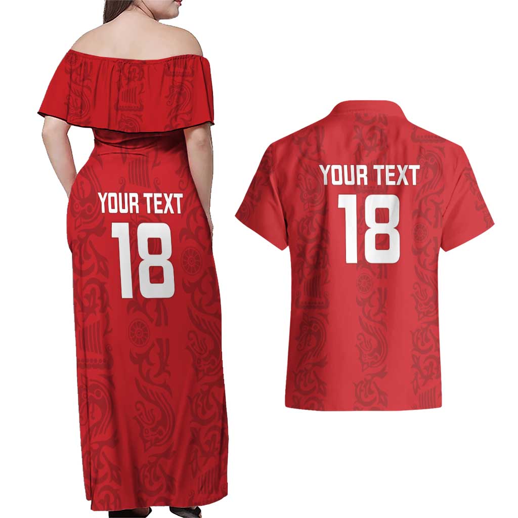 Custom York Minstrel Spirit Couples Matching Off Shoulder Maxi Dress and Hawaiian Shirt Norse Viking Pattern Red Version - Wonder Print Shop