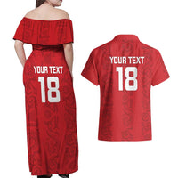 Custom York Minstrel Spirit Couples Matching Off Shoulder Maxi Dress and Hawaiian Shirt Norse Viking Pattern Red Version - Wonder Print Shop