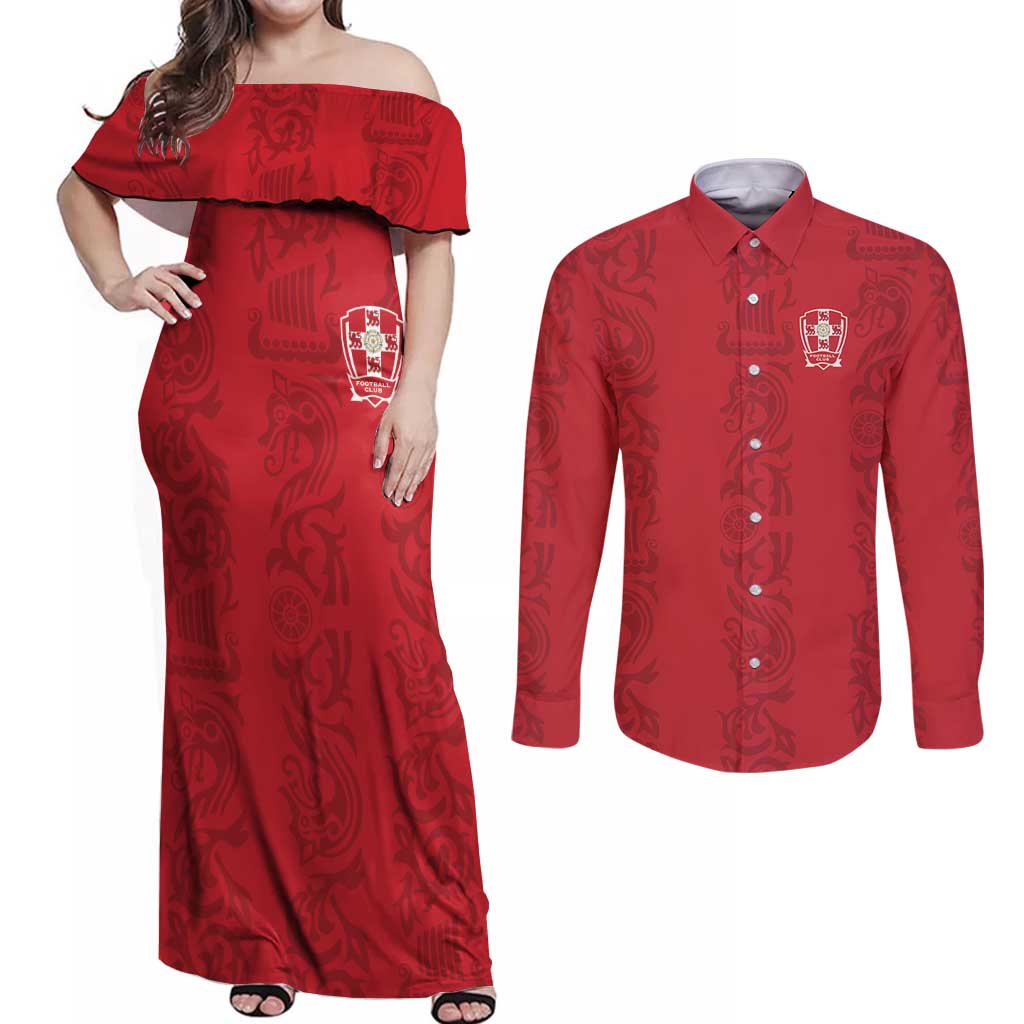 Custom York Minstrel Spirit Couples Matching Off Shoulder Maxi Dress and Long Sleeve Button Shirt Norse Viking Pattern Red Version - Wonder Print Shop