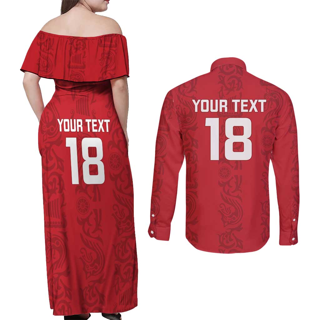 Custom York Minstrel Spirit Couples Matching Off Shoulder Maxi Dress and Long Sleeve Button Shirt Norse Viking Pattern Red Version - Wonder Print Shop